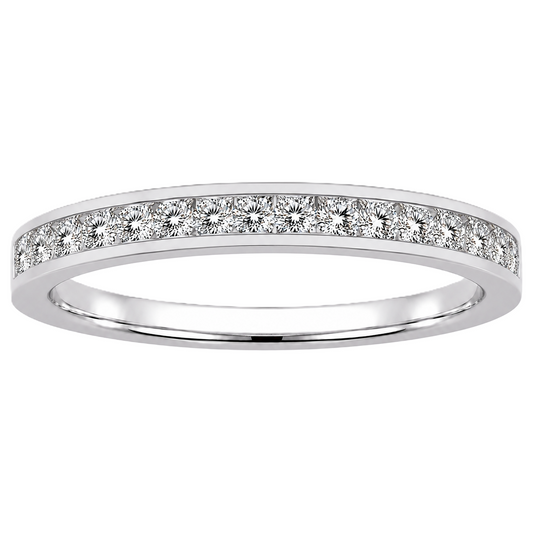 Round moissanite wedding band crafted in white gold-plated 925 silver. Elegant brilliance and timeless sparkle for everyday wear. Available now at BSI Jewelry.