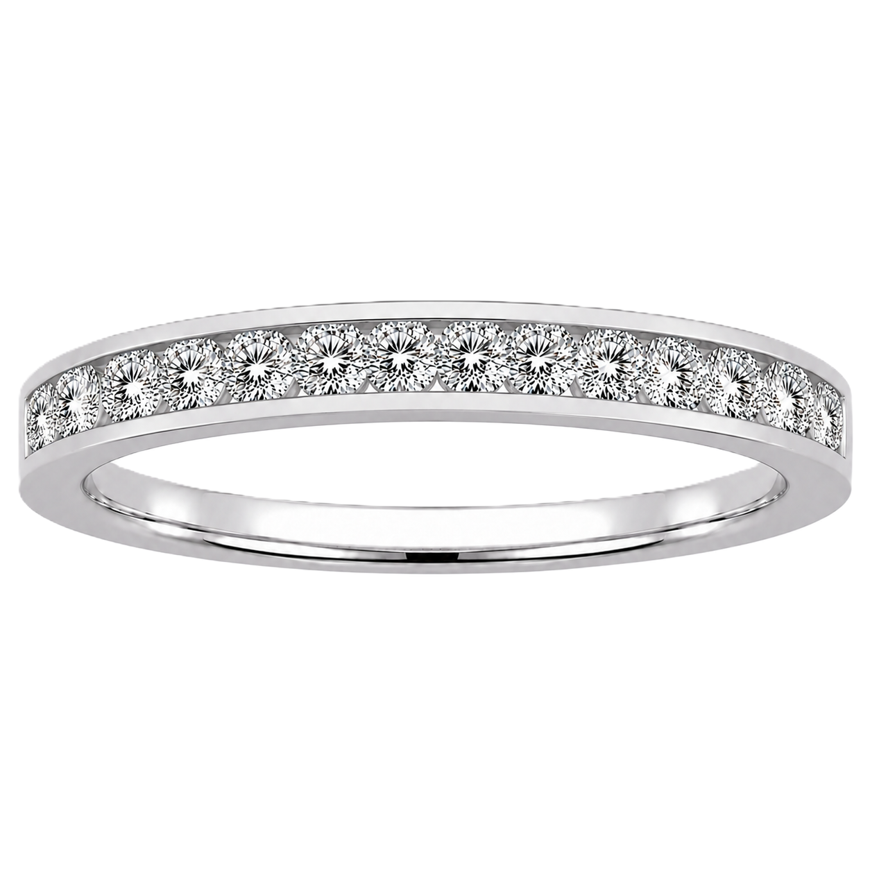 Round moissanite wedding band crafted in white gold-plated 925 silver. Elegant brilliance and timeless sparkle for everyday wear. Available now at BSI Jewelry.