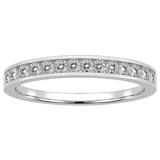 Round moissanite wedding band crafted in white gold-plated 925 silver. Elegant brilliance and timeless sparkle for everyday wear. Available now at BSI Jewelry.