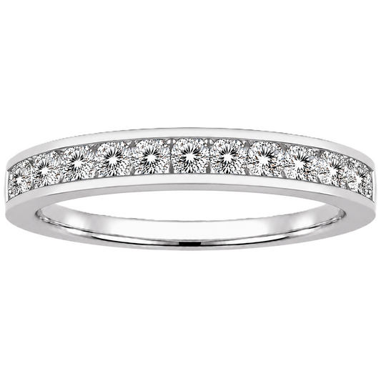 Round moissanite wedding band crafted in white gold-plated 925 silver. Elegant brilliance and timeless sparkle for everyday wear. Available now at BSI Jewelry.