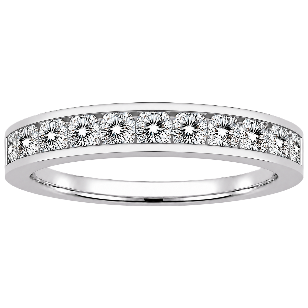 Round moissanite wedding band crafted in white gold-plated 925 silver. Elegant brilliance and timeless sparkle for everyday wear. Available now at BSI Jewelry.