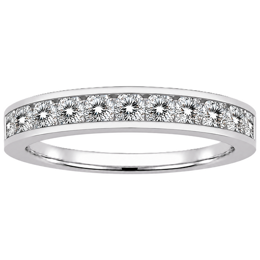 Round moissanite wedding band crafted in white gold-plated 925 silver. Elegant brilliance and timeless sparkle for everyday wear. Available now at BSI Jewelry.