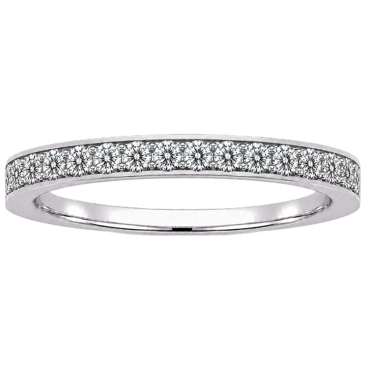 Round moissanite wedding band crafted in white gold-plated 925 silver. Elegant brilliance and timeless sparkle for everyday wear. Available now at BSI Jewelry.