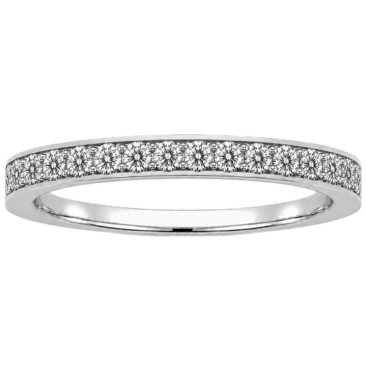 Round moissanite wedding band crafted in white gold-plated 925 silver. Elegant brilliance and timeless sparkle for everyday wear. Available now at BSI Jewelry.