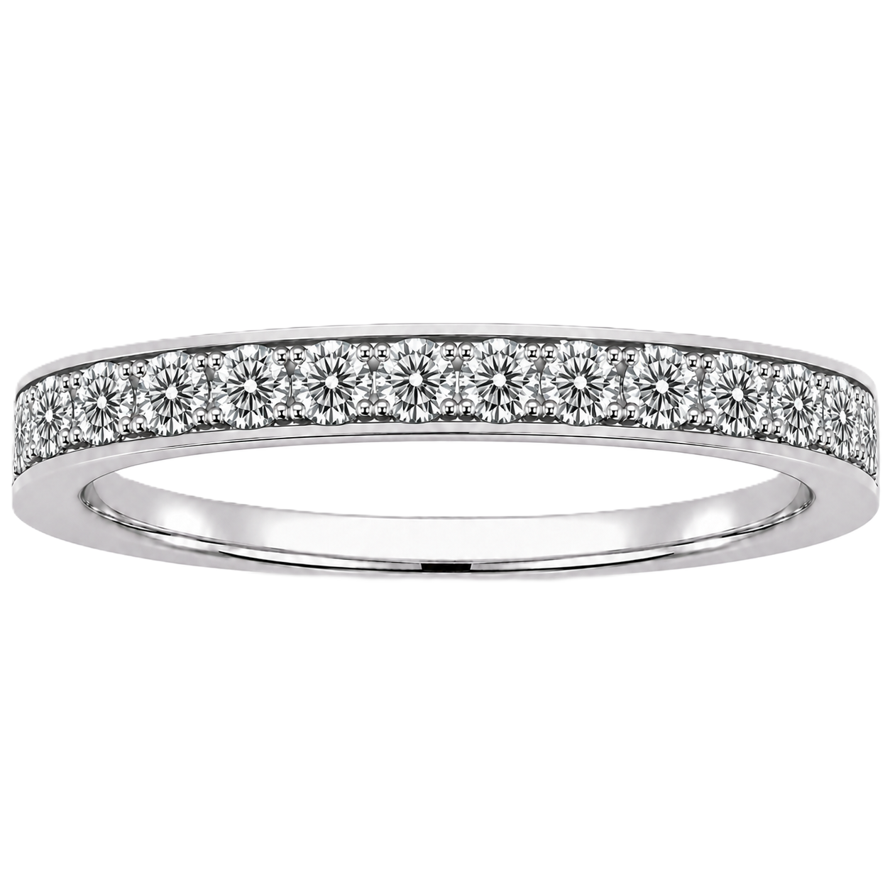 Round moissanite wedding band crafted in white gold-plated 925 silver. Elegant brilliance and timeless sparkle for everyday wear. Available now at BSI Jewelry.