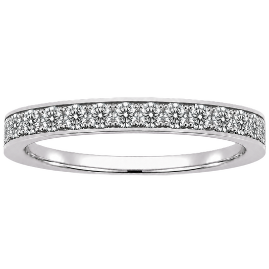 Round moissanite wedding band crafted in white gold-plated 925 silver. Elegant brilliance and timeless sparkle for everyday wear. Available now at BSI Jewelry.