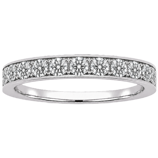 Round moissanite wedding band crafted in white gold-plated 925 silver. Elegant brilliance and timeless sparkle for everyday wear. Available now at BSI Jewelry.