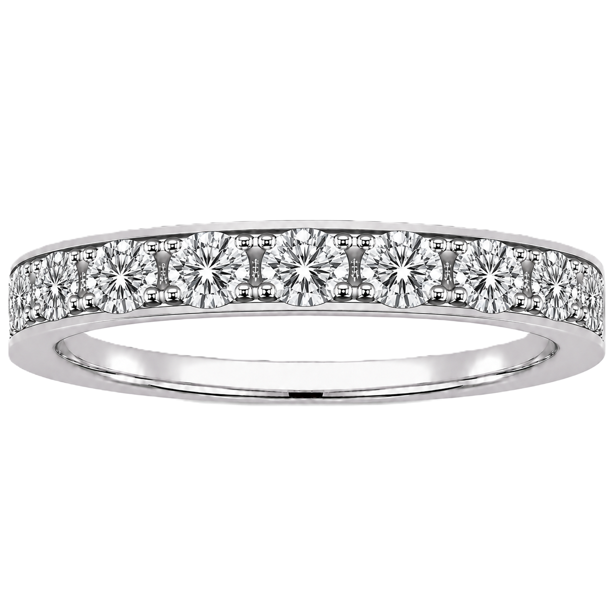 Round moissanite wedding band crafted in white gold-plated 925 silver. Elegant brilliance and timeless sparkle for everyday wear. Available now at BSI Jewelry.