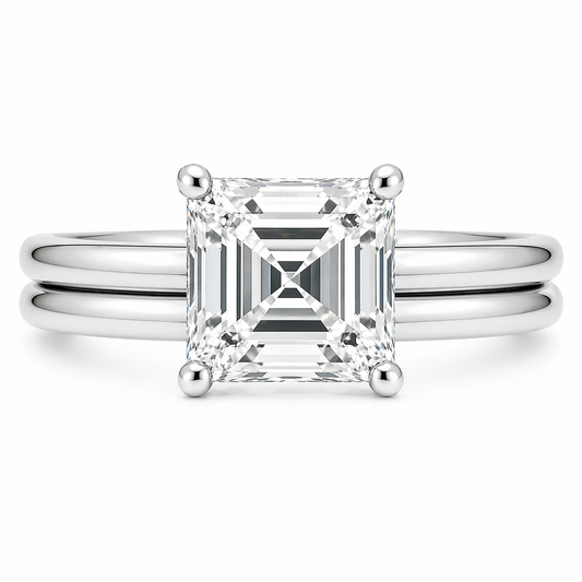 Carré cut moissanite ring, 10 mm, set in white gold plated 925 silver. Bold geometric brilliance with modern elegance. Available now at BSI Jewelry.