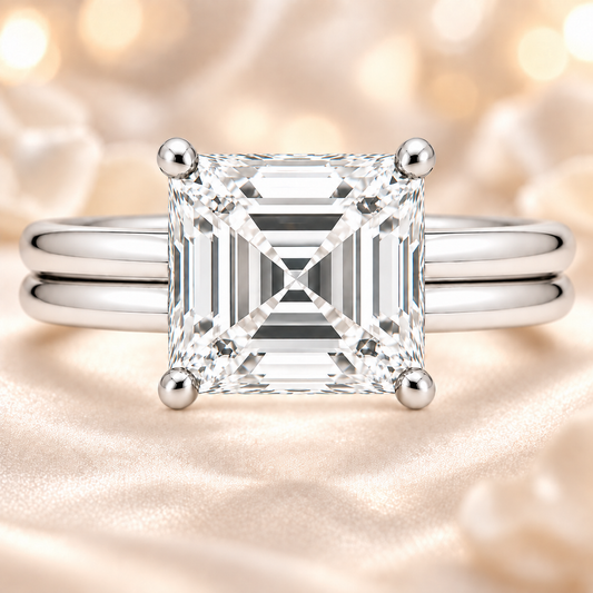 Carré cut moissanite ring, 10 mm, set in white gold plated 925 silver. Bold geometric brilliance with modern elegance. Available now at BSI Jewelry.