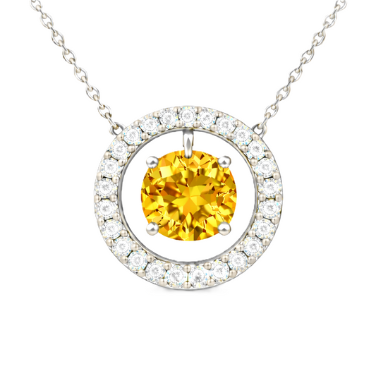 Citrine necklace with a 6 mm round gemstone and moissanite halo in white gold-plated 925 silver. Elegant and radiant. Available now at BSI Jewelry.