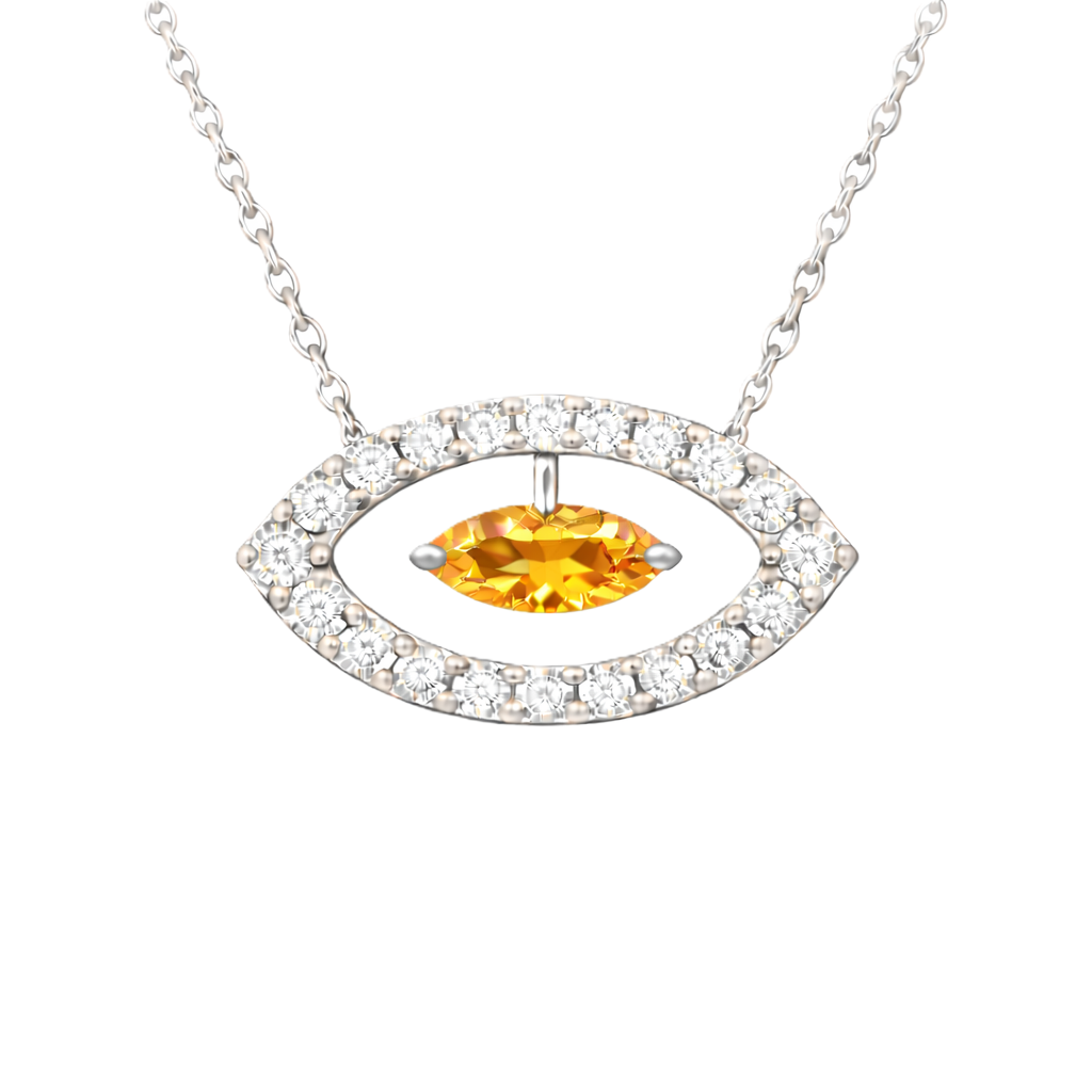 Citrine necklace with a 7×3.5 mm marquise-cut stone in white gold-plated 925 silver, accented with moissanite. Available now at BSI Jewelry.