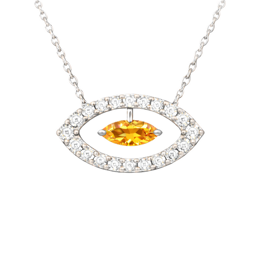 Citrine necklace with a 7×3.5 mm marquise-cut stone in white gold-plated 925 silver, accented with moissanite. Available now at BSI Jewelry.