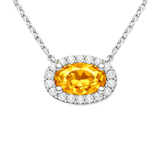 Citrine necklace with a 7×4 mm oval in white gold-plated 925 silver, accented with moissanite. Elegant and refined for daily wear. Available now at BSI Jewelry.