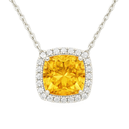 Citrine necklace with an 8 mm cushion in white gold-plated 925 silver, accented with moissanite. Elegant for daily wear. Available now at BSI Jewelry.