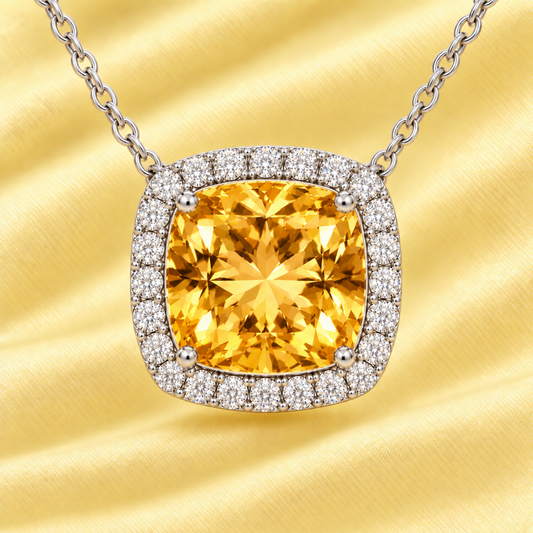 Citrine necklace with an 8 mm cushion in white gold-plated 925 silver, accented with moissanite. Elegant for daily wear. Available now at BSI Jewelry.