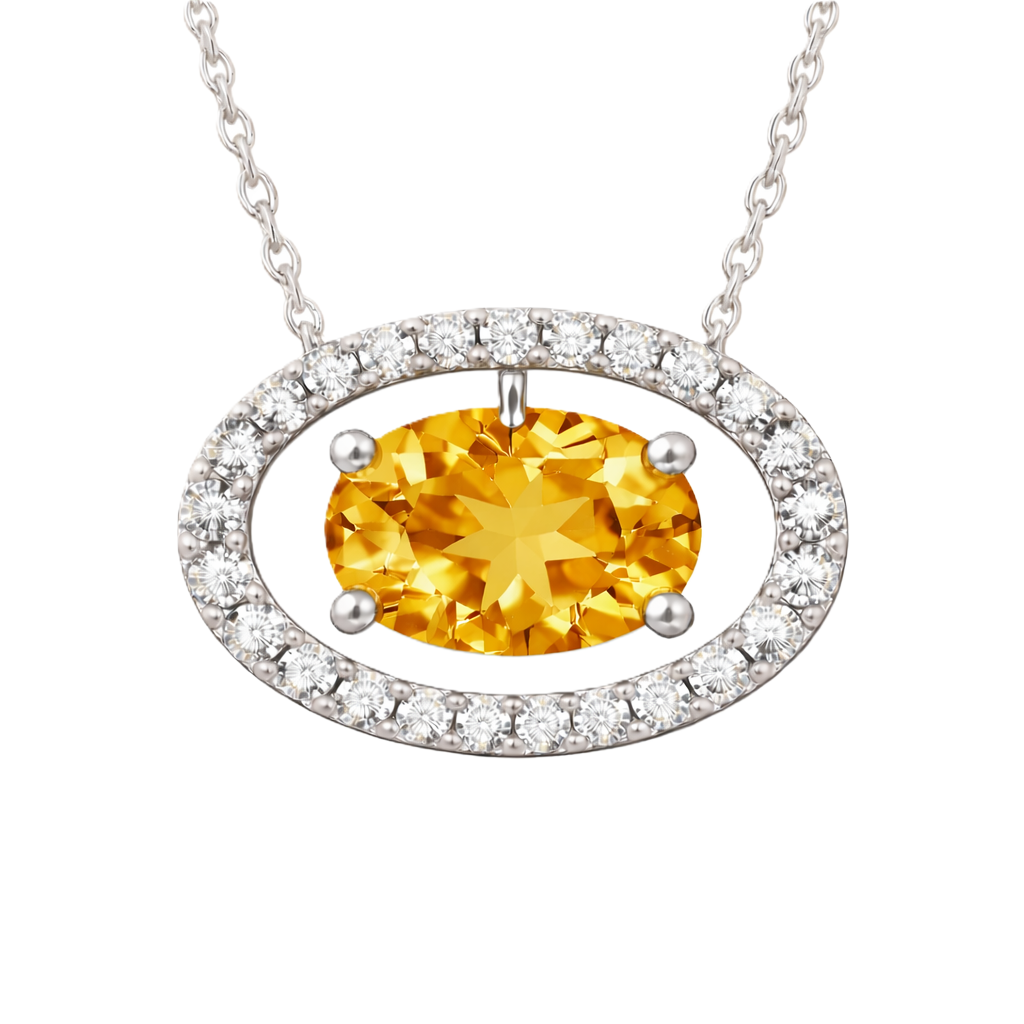 Citrine necklace with an 8×5 mm oval in white gold-plated 925 silver, accented with moissanite. Elegant for daily wear. Available now at BSI Jewelry.