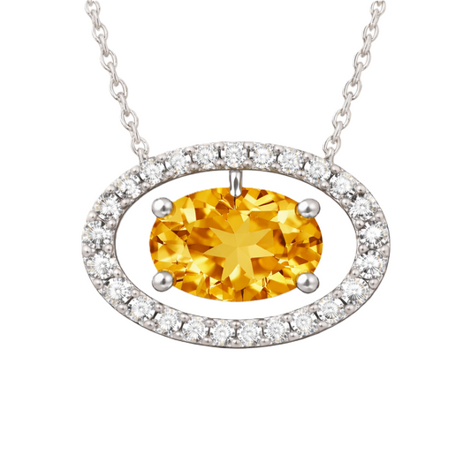 Citrine necklace with an 8×5 mm oval in white gold-plated 925 silver, accented with moissanite. Elegant for daily wear. Available now at BSI Jewelry.