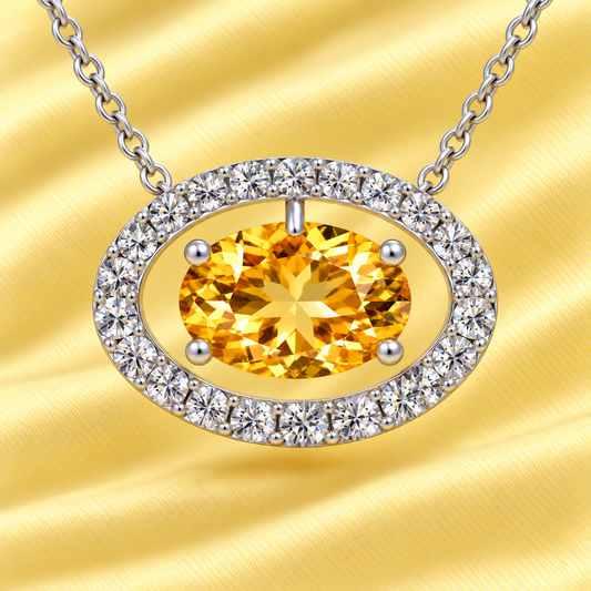 Citrine necklace with an 8×5 mm oval in white gold-plated 925 silver, accented with moissanite. Elegant for daily wear. Available now at BSI Jewelry.