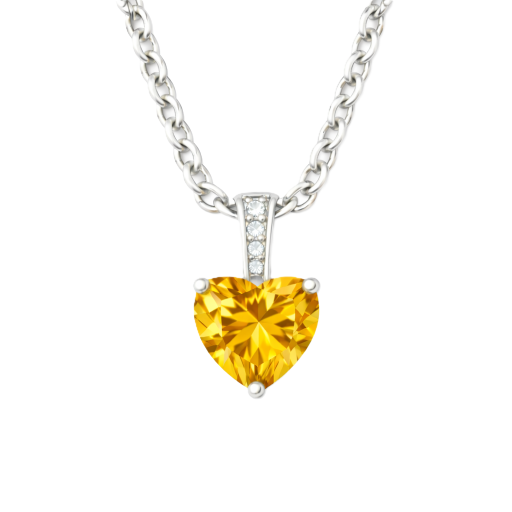 Citrine pendant with a 6 mm heart gemstone in white gold-plated 925 silver. Bright, elegant, and radiant for daily wear. Available now at BSI Jewelry.