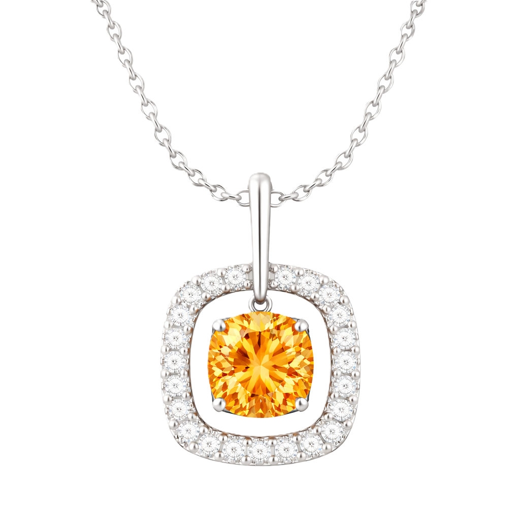 Citrine pendant with a 7 mm cushion-cut in white gold-plated 925 silver, accented by a moissanite halo. Elegant and refined. Available now at BSI Jewelry.