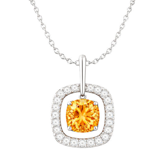 Citrine pendant with a 7 mm cushion-cut in white gold-plated 925 silver, accented by a moissanite halo. Elegant and refined. Available now at BSI Jewelry.