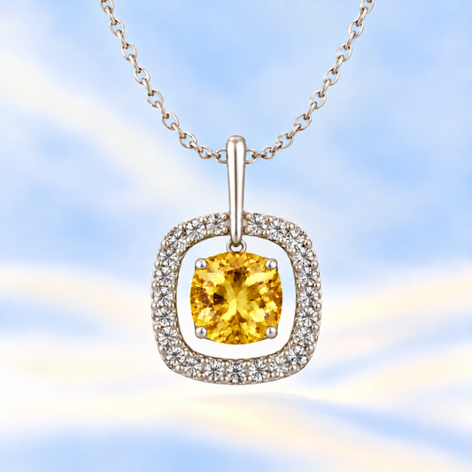 Citrine pendant with a 7 mm cushion-cut in white gold-plated 925 silver, accented by a moissanite halo. Elegant and refined. Available now at BSI Jewelry.