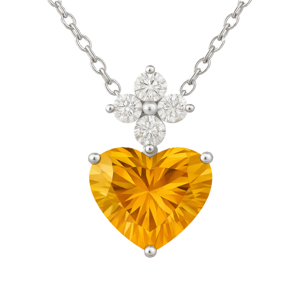 Radiant 7mm heart-cut Citrine pendant with Moissanite accents in white-gold-plated 925 silver. Joyful brilliance and timeless charm. Available at BSI Jewelry.