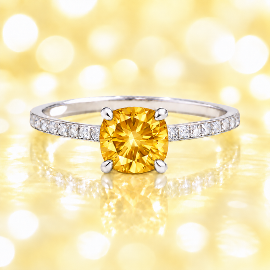 Citrine ring with a 6 mm cushion in white gold-plated 925 silver, accented with moissanite. Fresh and elegant for daily wear. Available now at BSI Jewelry.