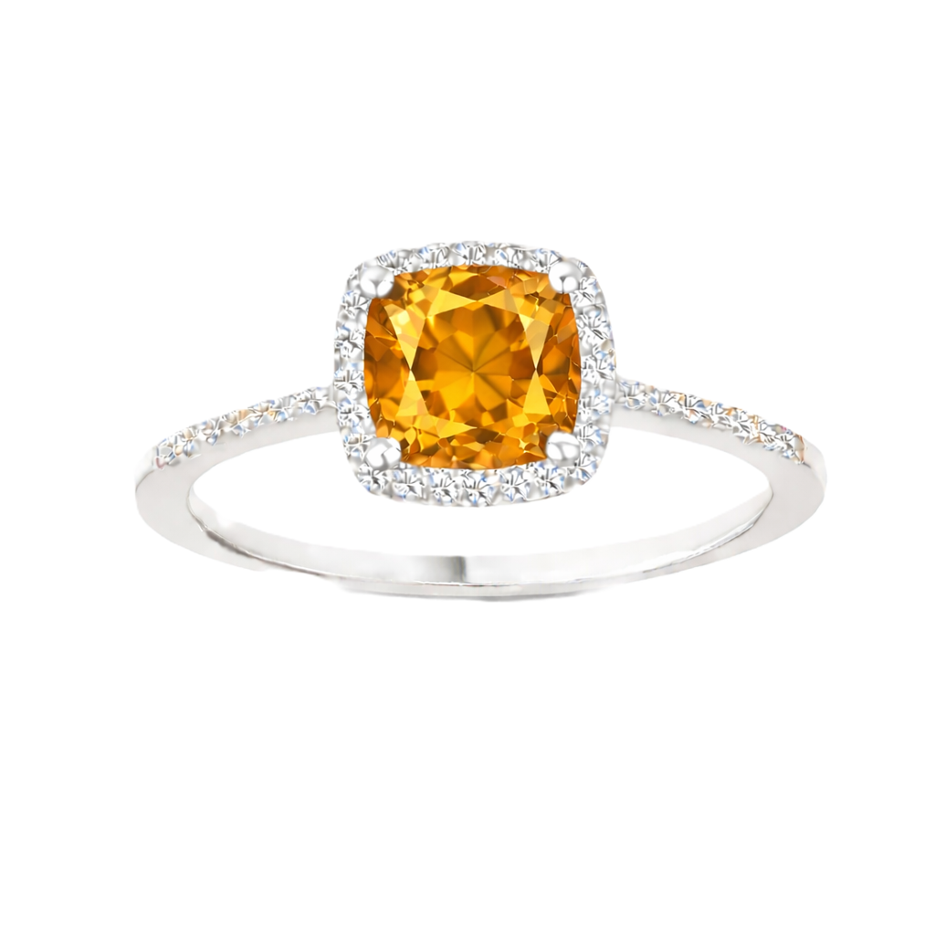 Citrine ring with a 6 mm cushion-cut center in white gold-plated 925 silver, accented with moissanite for refined sparkle. Available now at BSI Jewelry.