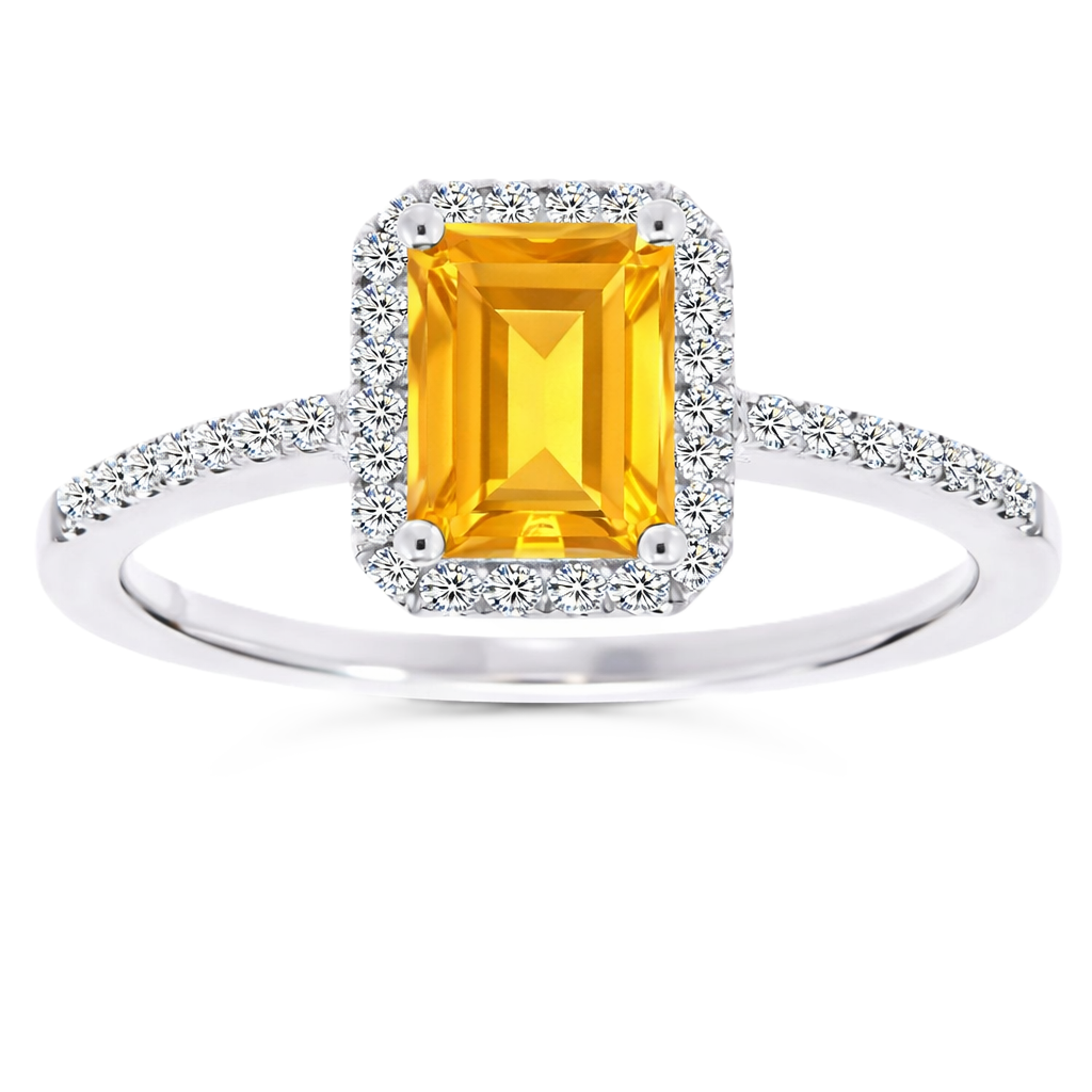 Citrine ring with a 7×5 mm emerald cut, with moissanite in white gold-plated 925 silver. Elegant and timeless for daily wear. Available now at BSI Jewelry.