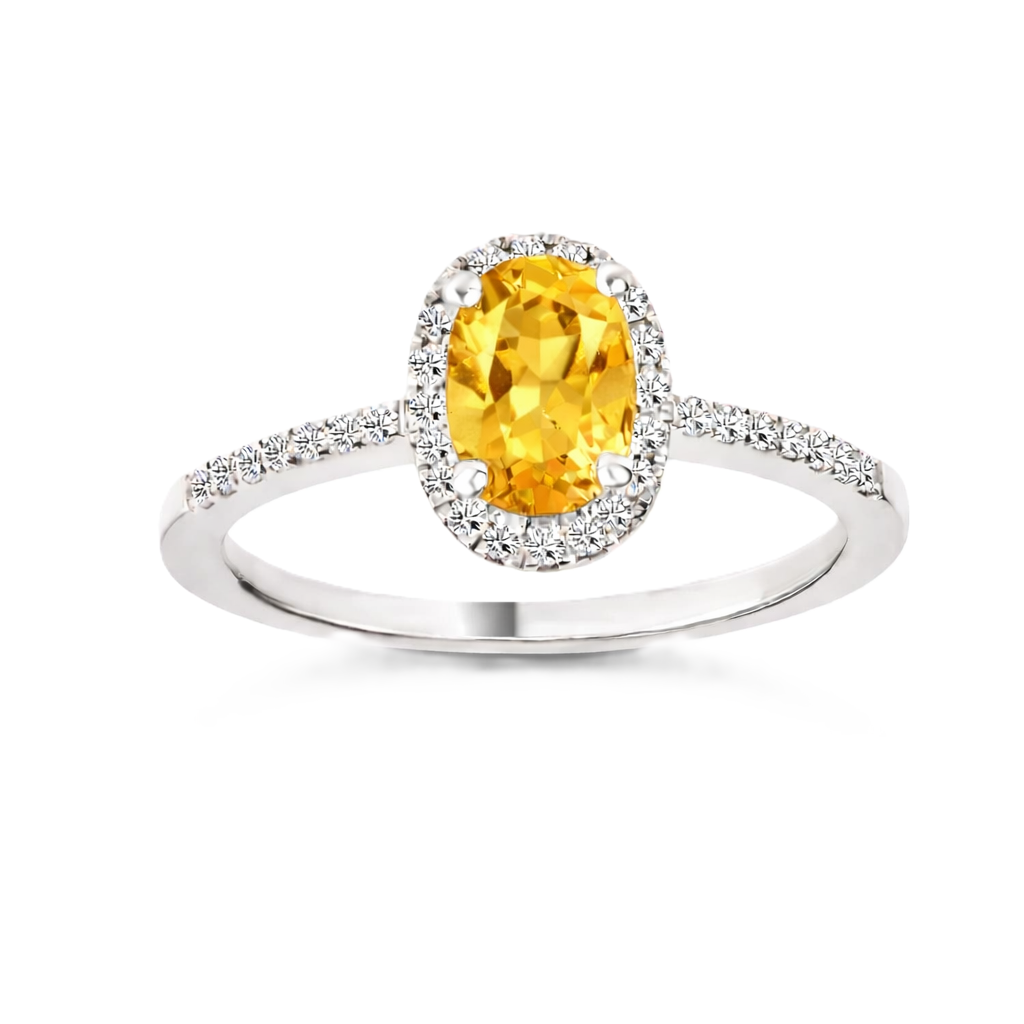 Citrine ring with a 7×5 mm oval-cut in white gold-plated 925 silver, accented with moissanite. Elegant and refined for daily wear. Available now at BSI Jewelry.