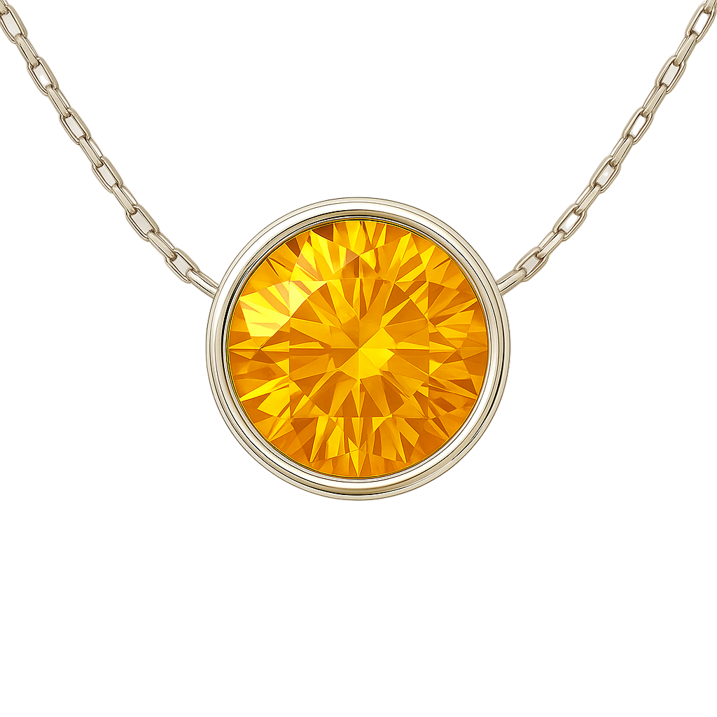 Radiant citrine solitaire necklace with a 6 mm round brilliant-cut gemstone in white gold-plated 925 silver. Elegant, hypoallergenic style. Now at BSI Jewelry.