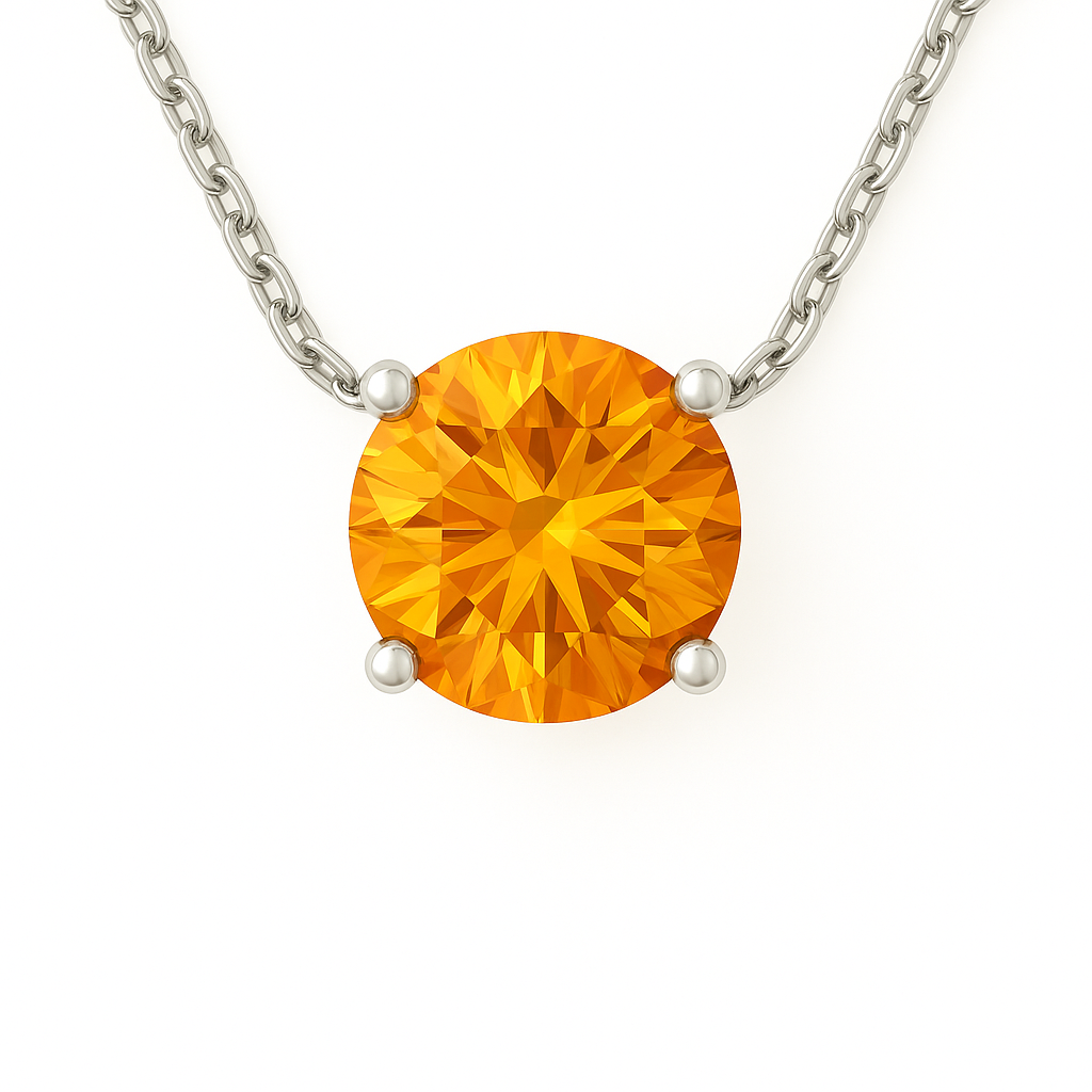 Citrine solitaire necklace, 6mm round brilliant cut, crafted in white gold-plated 925 silver with palladium alloy, hypoallergenic. Available now at BSI Jewelry.