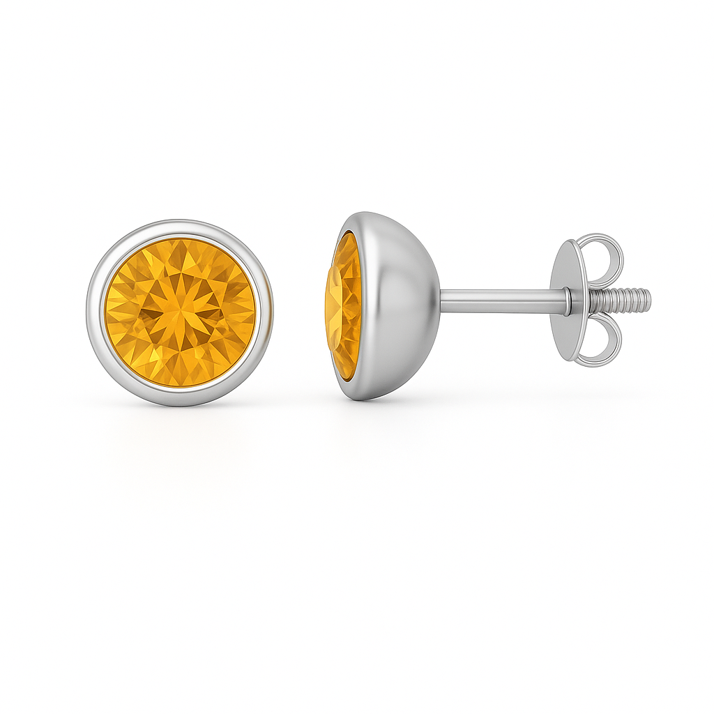 Citrine stud earrings, 5 mm round brilliant, crafted in white gold-plated 925 silver with palladium alloy. Elegant and hypoallergenic. Available at BSI Jewelry.