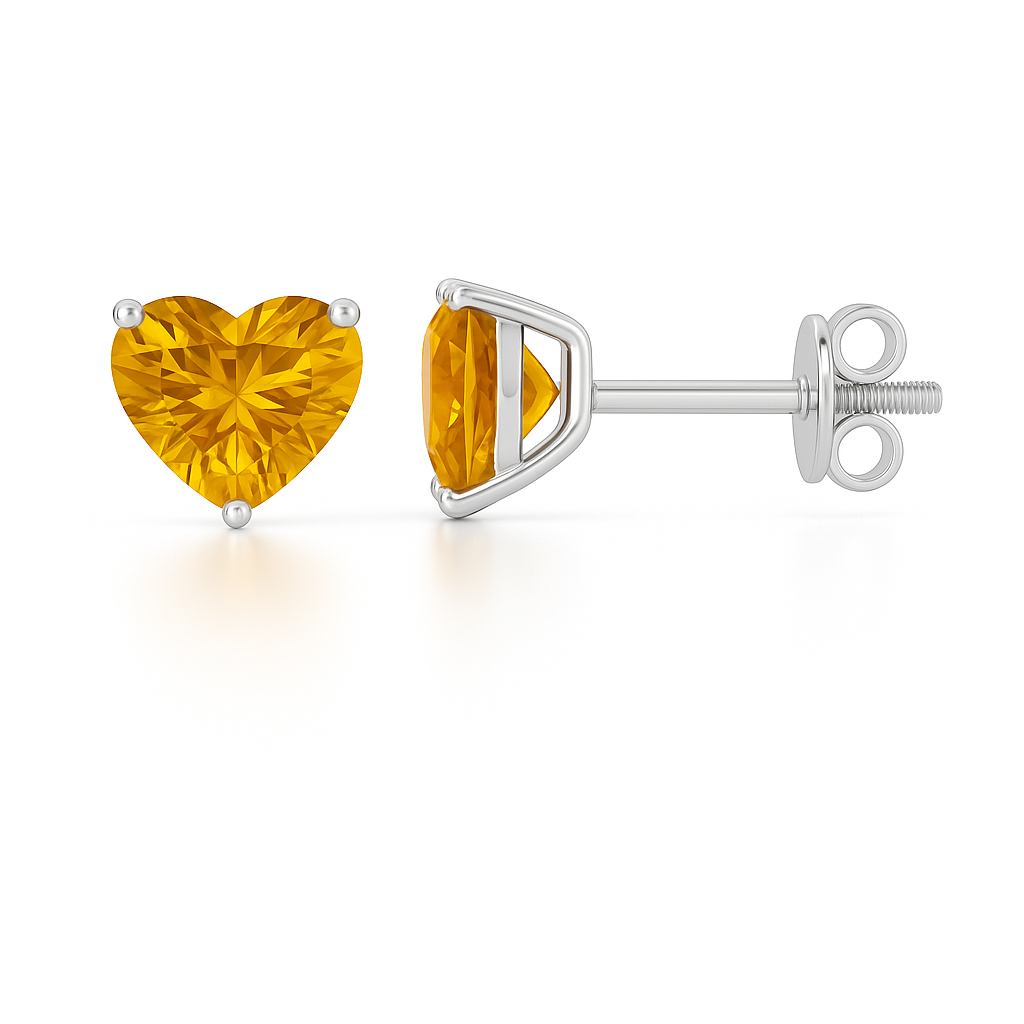 Citrine stud earrings, 6 mm heart cut, in white gold-plated 925 silver with palladium alloy. Radiant and hypoallergenic design. Available now at BSI Jewelry.