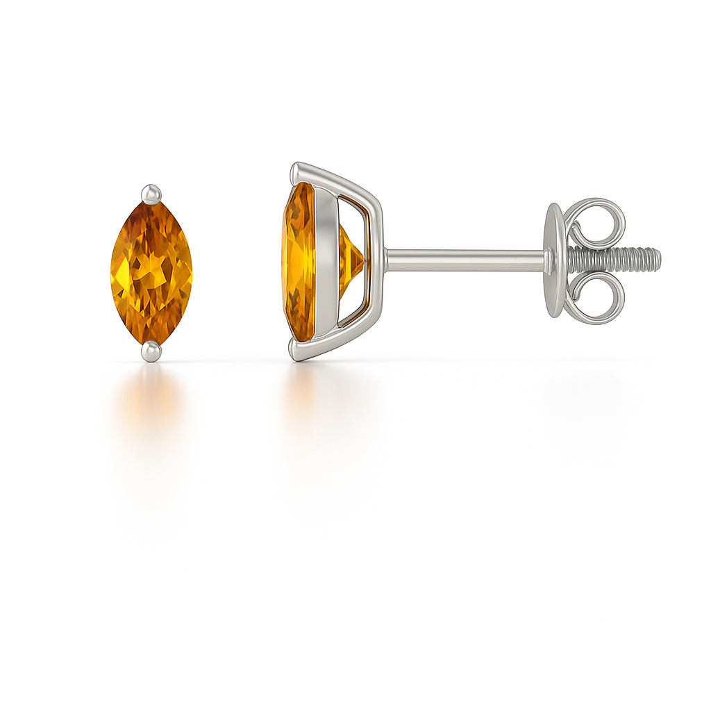 Citrine stud earrings in 6×3 mm marquise cut, crafted in white gold-plated 925 silver. Hypoallergenic and elegant for daily wear. Available now at BSI Jewelry.