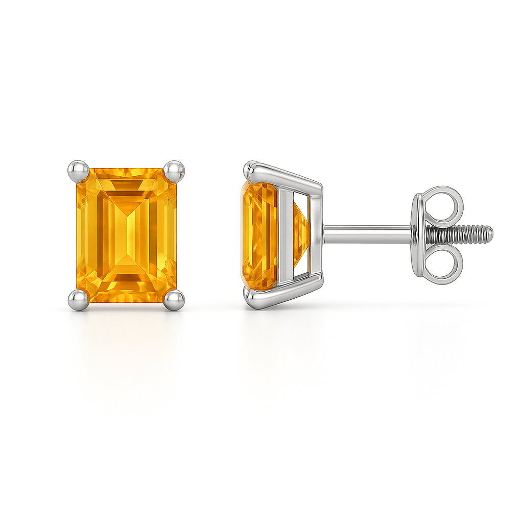 Citrine stud earrings, 6×4 mm emerald cut, crafted in white gold-plated 925 silver with palladium alloy. Elegant and hypoallergenic. Available at BSI Jewelry.