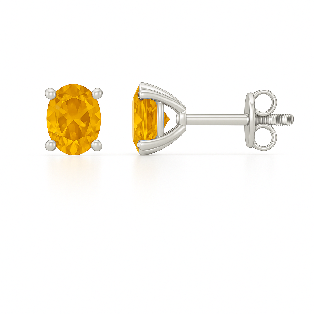 Citrine stud earrings, 6×4 mm oval cut, in white gold-plated 925 silver with palladium alloy. Radiant and hypoallergenic. Available now at BSI Jewelry.
