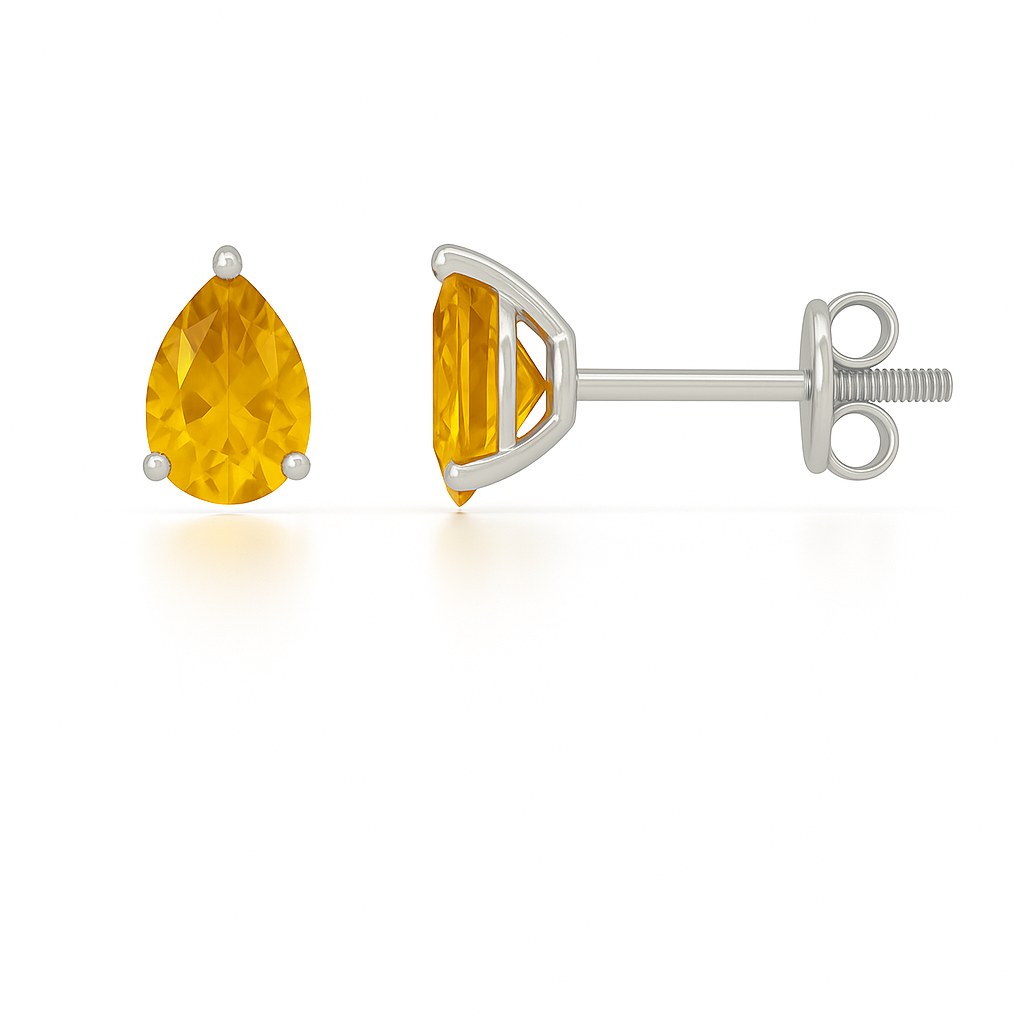 Bright citrine stud earrings with 6×4 mm pear-cut gemstones in white gold-plated 925 silver. Finely crafted, hypoallergenic design. Available at BSI Jewelry.