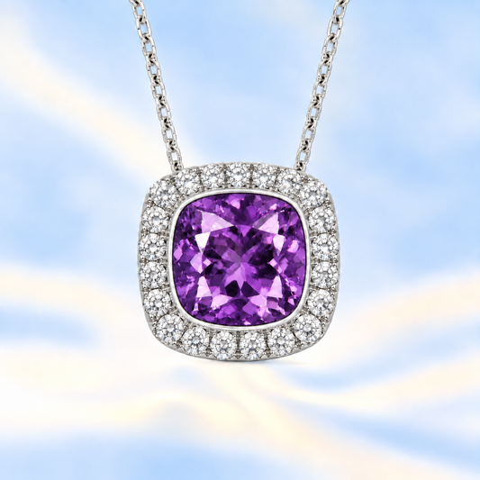 Amethyst cushion pendant, 6 mm cushion center with halo, crafted in white gold-plated 925 silver. Elegant, calming, and radiant. Available now at BSI Jewelry.