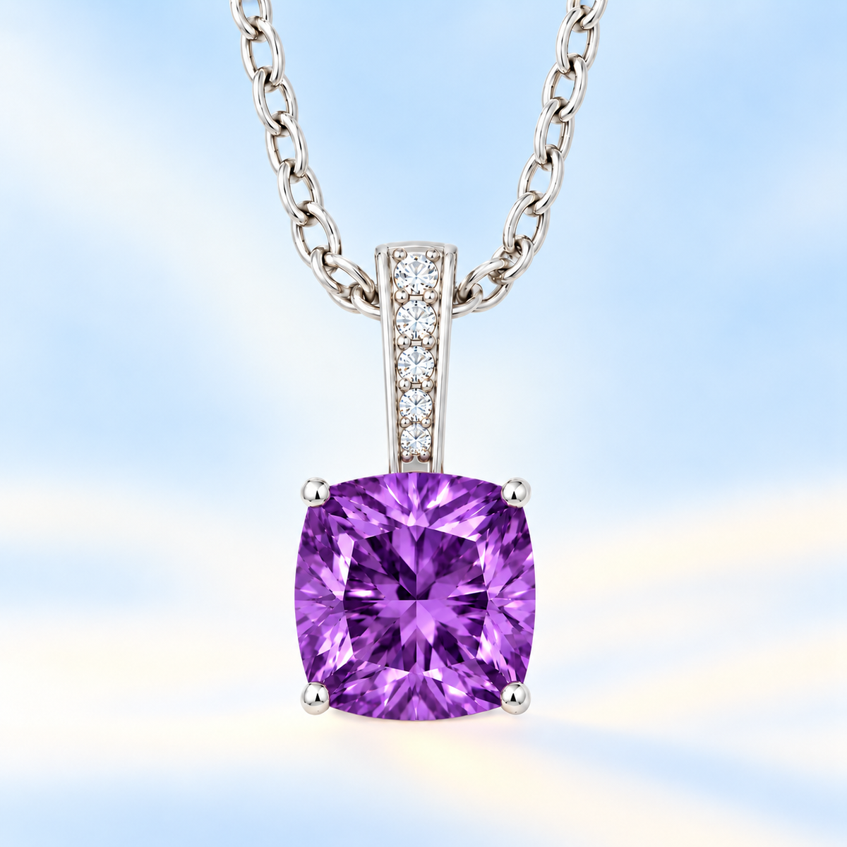 Amethyst cushion pendant in white gold-plated 925 silver with moissanite accents. Elegant and hypoallergenic. Available now at BSI Jewelry.