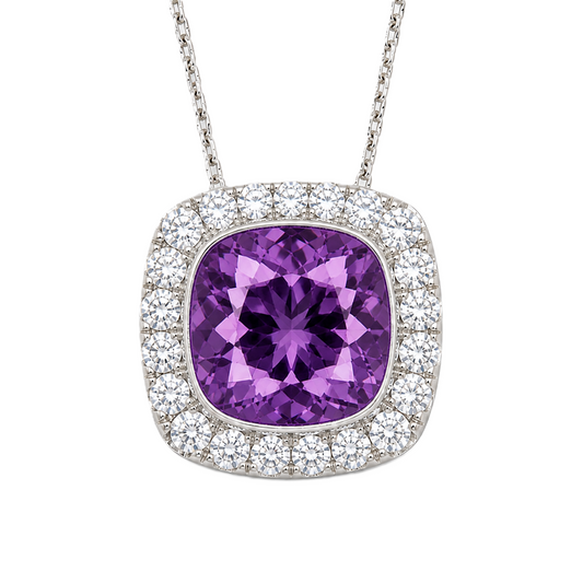Amethyst cushion pendant, 6 mm cushion center with halo, crafted in white gold-plated 925 silver. Elegant, calming, and radiant. Available now at BSI Jewelry.
