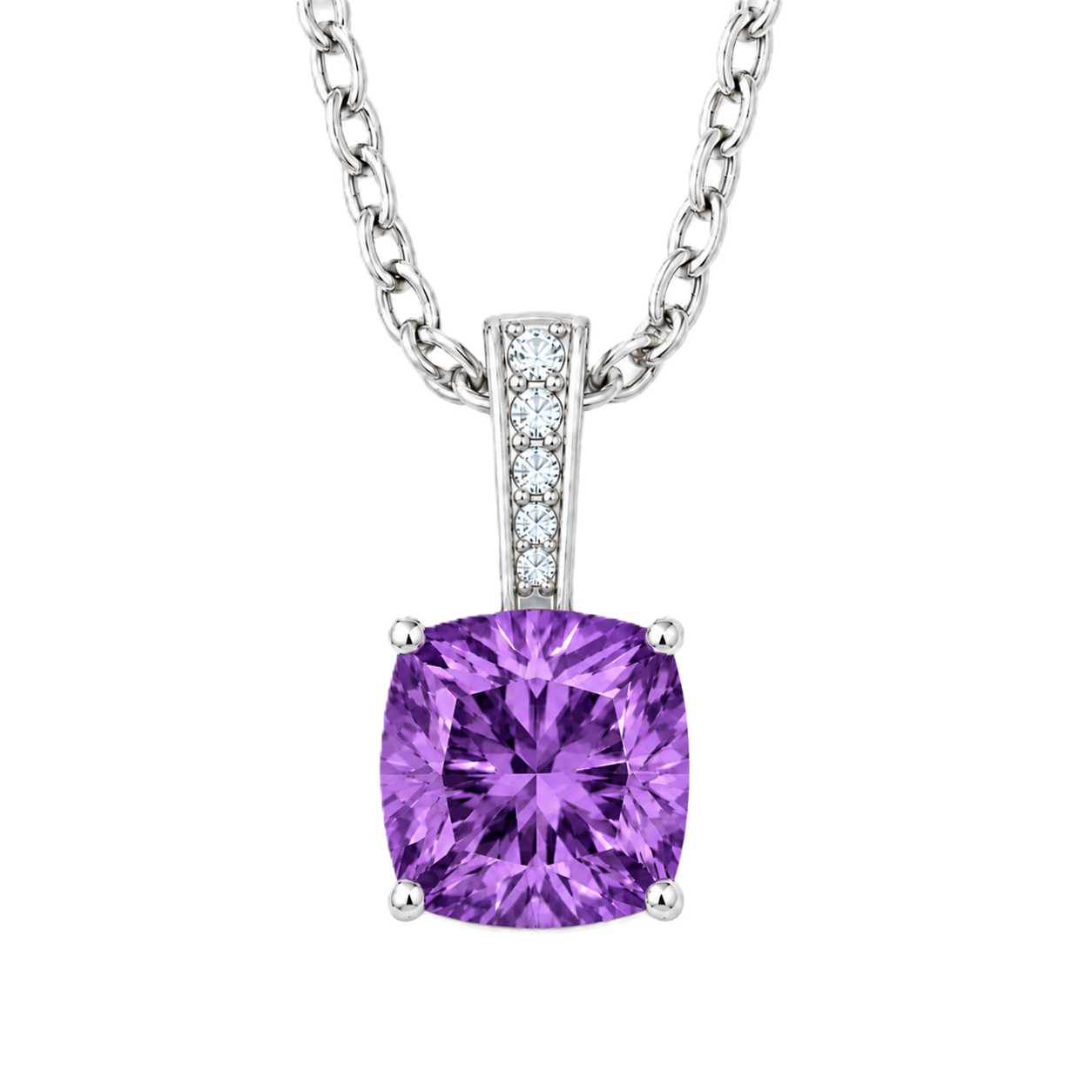 Amethyst cushion pendant in white gold-plated 925 silver with moissanite accents. Elegant and hypoallergenic. Available now at BSI Jewelry.