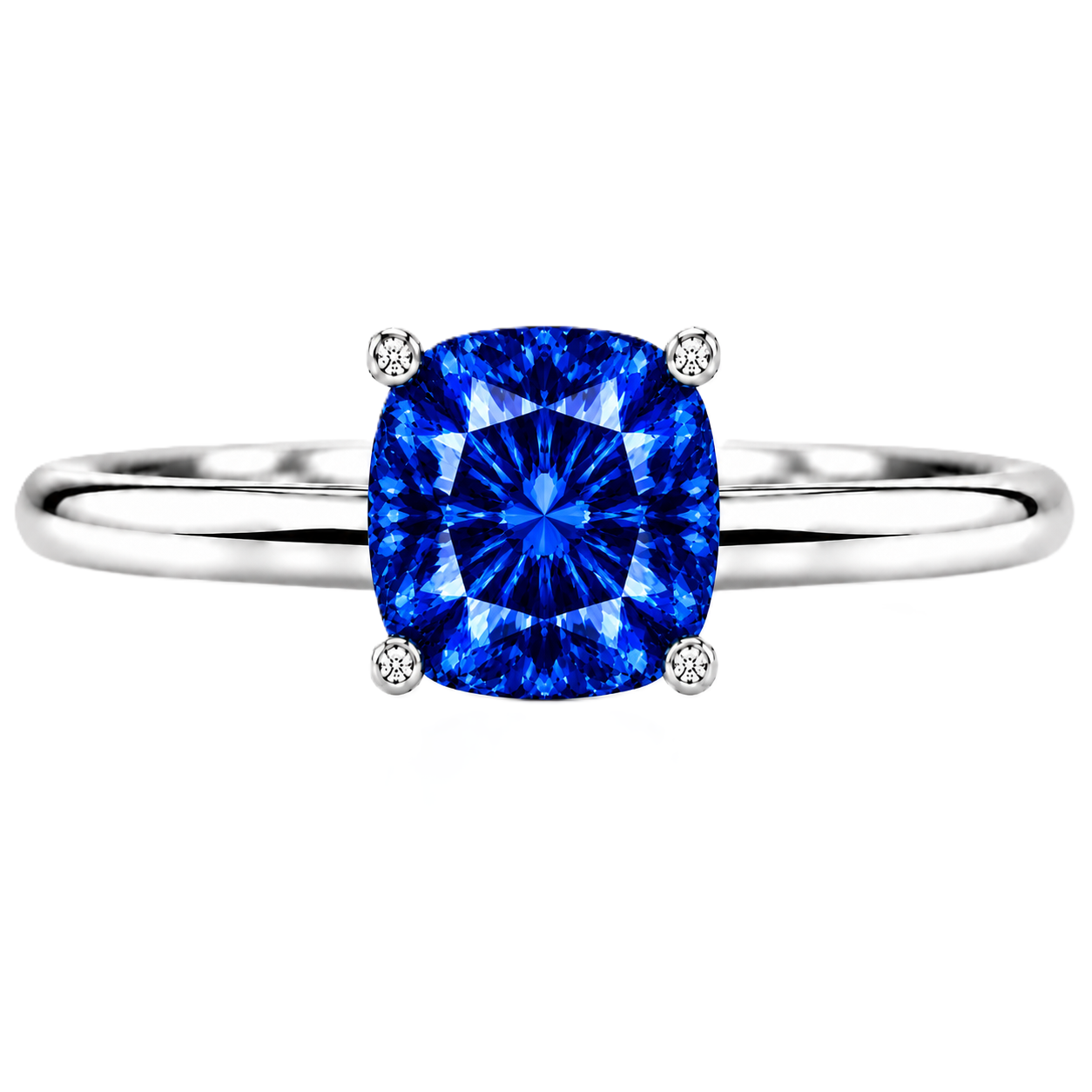 Blue Sapphire engagement ring featuring a 6 mm cushion gemstone in white gold-plated 925 silver. Elegant and hypoallergenic. Available now at BSI Jewelry.