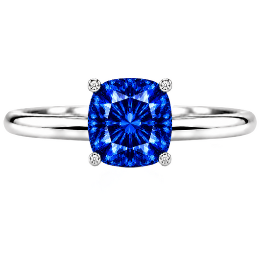 Blue Sapphire engagement ring featuring a 6 mm cushion gemstone in white gold-plated 925 silver. Elegant and hypoallergenic. Available now at BSI Jewelry.