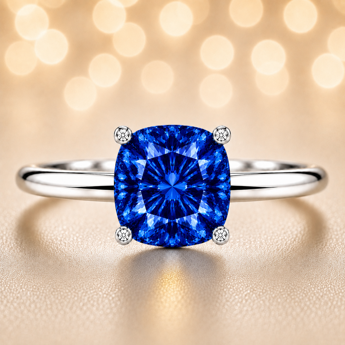 Blue Sapphire engagement ring featuring a 6 mm cushion gemstone in white gold-plated 925 silver. Elegant and hypoallergenic. Available now at BSI Jewelry.