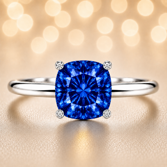 Blue Sapphire engagement ring featuring a 6 mm cushion gemstone in white gold-plated 925 silver. Elegant and hypoallergenic. Available now at BSI Jewelry.