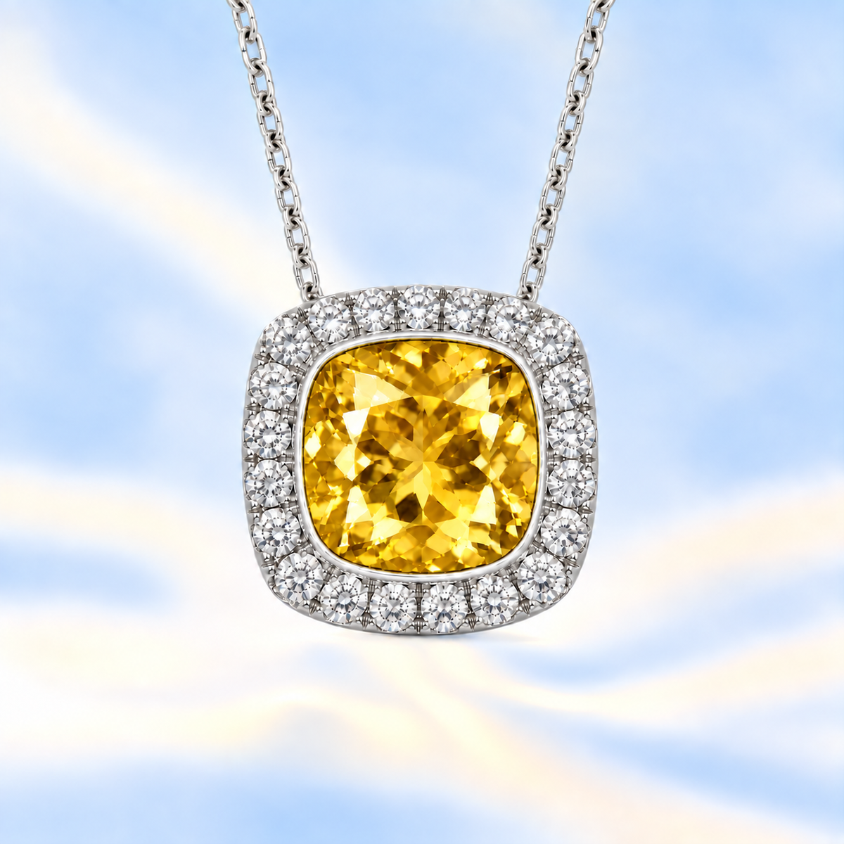 Citrine cushion pendant, 6 mm cushion center with halo, crafted in white gold-plated 925 silver. Warm, radiant, and elegant. Available now at BSI Jewelry.