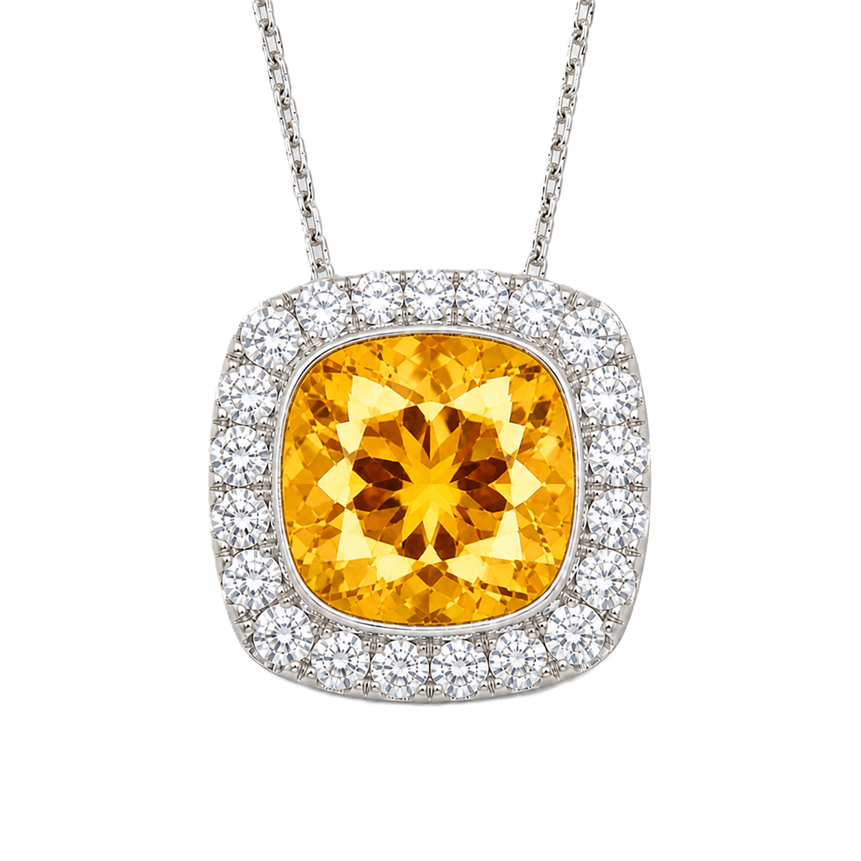Citrine cushion pendant, 6 mm cushion center with halo, crafted in white gold-plated 925 silver. Warm, radiant, and elegant. Available now at BSI Jewelry.